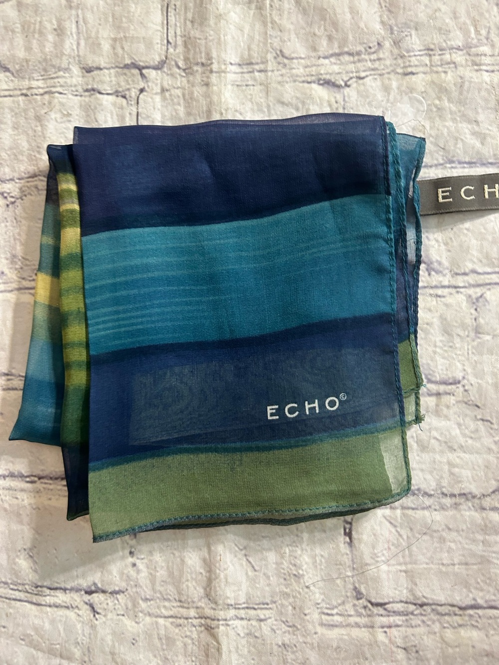 ECHO 100% SILK SHEER TEAL/GREEN/NAVY MULTI STRIPED OBLONG SCARF O/S